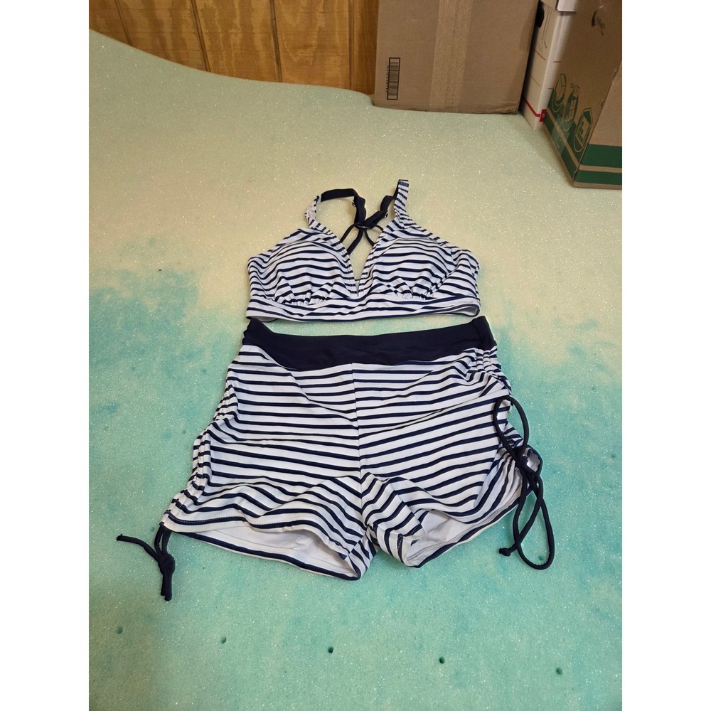 Womens 3 Piece Swimsuit Set Navy White Striped Tankini Bikini Shorts